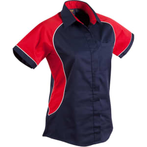 Tri-colour button-up shirt in navy, red, and white, featuring a logo and short sleeves.