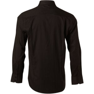 A black long sleeve button-up shirt with thin white stripes and a collar, featuring a logo on the back.