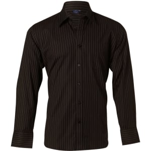 A black long sleeve button-up shirt featuring fine stripes and a collar, with a branding logo on the inside.
