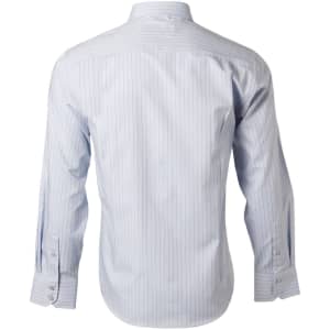 A long-sleeve, button-up shirt in light blue with vertical stripes and a collar, featuring a logo on the back.
