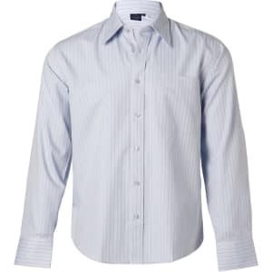 A light blue pinstripe button-up shirt with long sleeves and a chest pocket, featuring a logo on the collar.