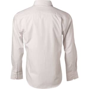A white long-sleeve button-up shirt with vertical stripes, featuring a basic collar and buttoned cuffs.