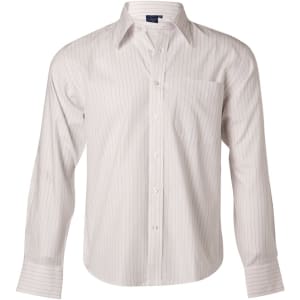 A long sleeve, button-up shirt in white with subtle vertical stripes and a pocket on the front.
