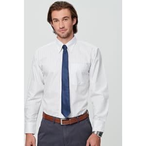 A white striped button-up shirt with long sleeves, featuring a chest pocket and paired with a blue tie.