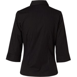 A black and white striped ladies' pin long sleeve button-up shirt with three-quarter sleeves and a collar.
