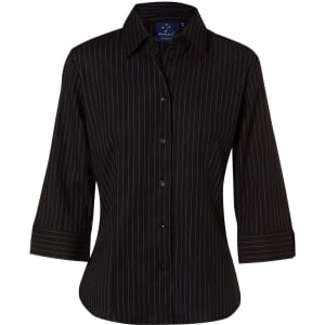 A black striped long sleeve button-up shirt with a collar and rolled cuffs. Features a logo on the chest.