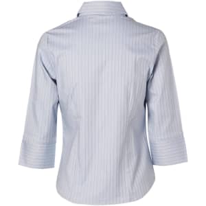 A light blue, striped, ladies' 3/4 sleeve stretch button-up shirt with a collar and rolled sleeves.