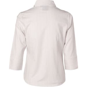 A light-coloured ladies' 3/4 sleeve button-up shirt with vertical stripes and a back collar. Features a small logo.