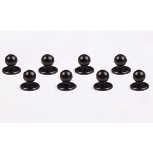 Eight black exchangeable buttons for chef wear displayed on a white background. Features round tops and flat bases.