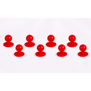 Eight red exchangeable buttons displayed on a light background, with a simple circular design.