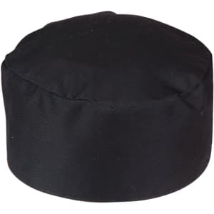 A black chef's cap with a round, flat top and a simple design. It features a logo on the side.