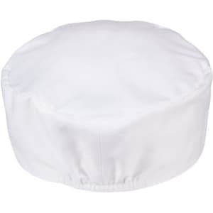 A white chef's cap with a round, gathered design. Features a logo on the side.