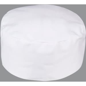 A white chef's cap with a structured design, featuring a branding logo. The background is grey.