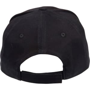 A black heavy brushed cotton cap with a rear adjustable strap and ventilation holes. Features a logo on the side.