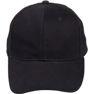 A black heavy brushed cotton cap featuring a curved brim and an adjustable strap at the back. Includes a logo.