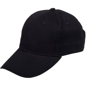 A black heavy brushed cotton cap featuring a curved brim and a fitted design, with a logo on the front.