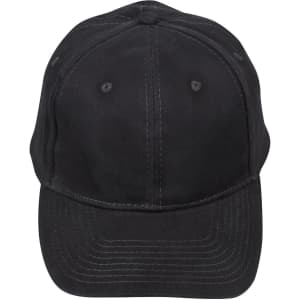 A black heavy brushed cotton cap with a curved brim and six-panel construction. It features a logo on the front.