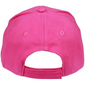A pink heavy brushed cotton cap featuring an adjustable strap and a plain back. Includes a logo on the side.