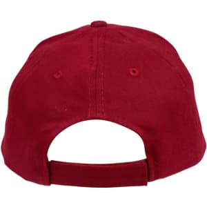 A red heavy brushed cotton cap featuring an adjustable back strap and a logo on the side.