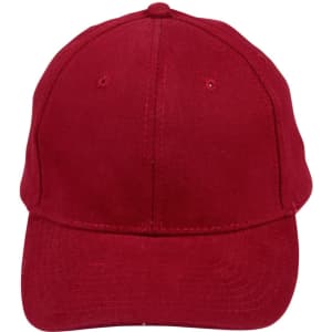 A red heavy brushed cotton cap with a curved brim and adjustable strap at the back. It features a logo.