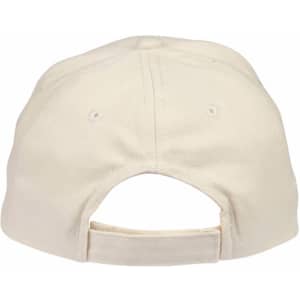 A heavy brushed cotton cap in cream colour with an adjustable strap and a logo on the back.