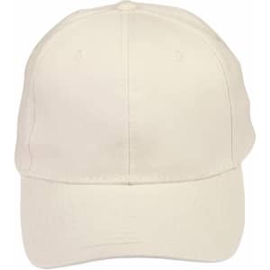 A cream heavy brushed cotton cap with a structured crown and a curved peak. It features a logo on the front.