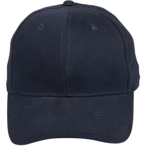 A heavy brushed cotton cap in navy blue with a logo on the front and ventilation holes on the crown.