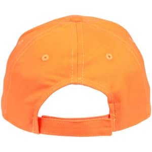 A bright orange heavy brushed cotton cap with a back adjustable strap and ventilation holes. It features a logo.