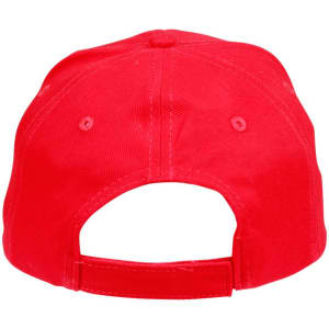 A red heavy brushed cotton cap featuring a strapback design and a logo on the back.