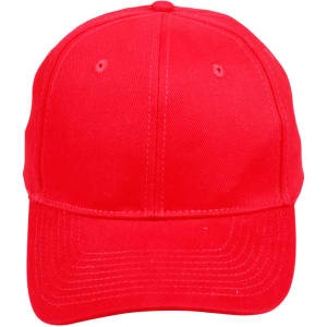 A red heavy brushed cotton cap with a curved brim and an adjustable strap at the back.