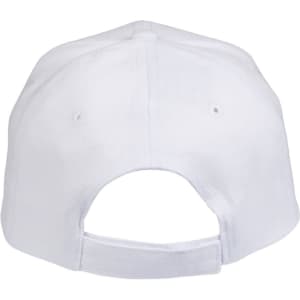 A white heavy brushed cotton cap featuring a back strap and ventilation holes. It includes a logo.