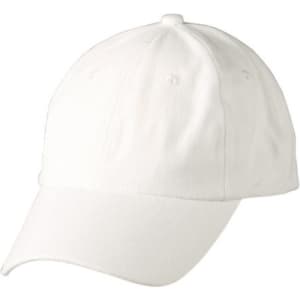 A white unstructured cap with a curved brim and a loop feature on top. It includes a logo.