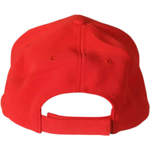 A red Ottoman cap featuring a back strap for adjustment and a logo.