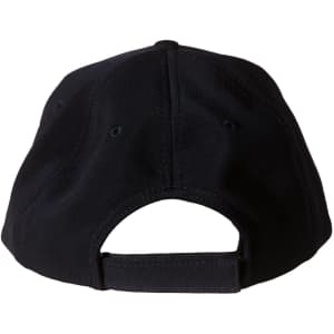 A black cap featuring a rear adjustable strap and ventilation holes. It has a branding logo.