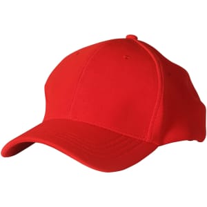 A red Ottoman cap featuring a structured design and a curved brim, with an unembellished style.