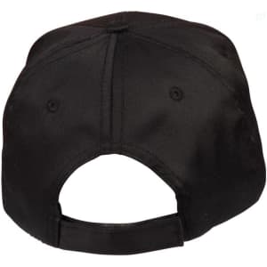 A black polycotton twill cap featuring a rear opening and an adjustable strap. Includes a logo on the back.