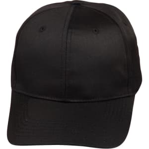 A black polycotton twill cap with a structured design and a logo on the front.