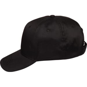 A black polycotton twill cap featuring a curved brim and a logo on the side.