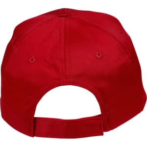 A red polycotton twill cap featuring an adjustable strap and a round back. It has a logo on the back.