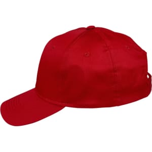 A red polycotton twill cap with a curved peak and a logo on the side.