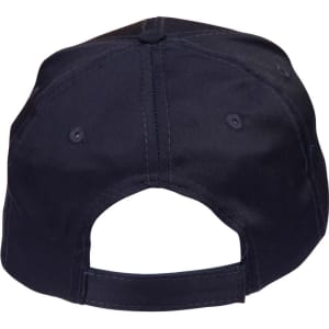 A navy blue polycotton twill cap featuring a back strap and ventilation holes. It has a branded logo.