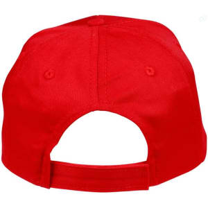 A red polycotton twill cap with an adjustable strap and a branded logo on the back.
