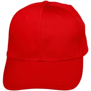 A red polycotton twill cap with a curved brim and ventilation holes, featuring a logo on the front.