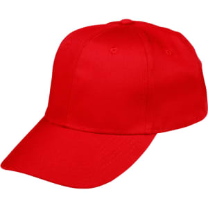 A red polycotton twill cap featuring a smooth fabric finish and a curved peak, with a logo on the front.