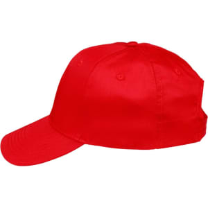 A red polycotton twill cap with a curved brim and adjustable back. It features a logo on the front.