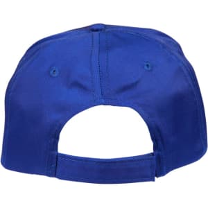 A blue polycotton twill cap featuring an adjustable back and a logo.
