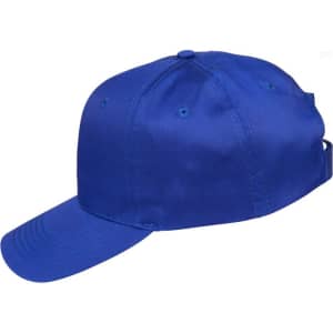 A blue polycotton twill cap featuring a straight peak and an adjustable strap at the back. It has a logo.