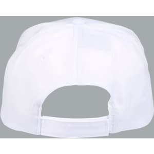 A white polycotton twill cap featuring an adjustable back strap and a logo on the side.