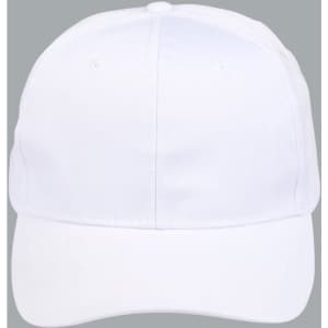 A white polycotton twill cap with a curved brim and an adjustable strap. It features a logo on the front.