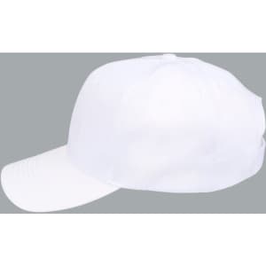 A white polycotton twill cap with a curved brim and an adjustable strap at the back, featuring a logo.